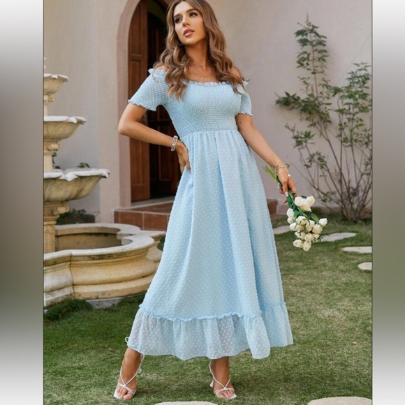 New! Simplee Swiss Dot Ruffle Hem Maxi Dress Blue Off Shoulder Sz Small - Picture 1 of 15